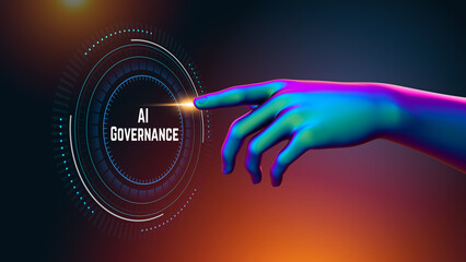 AI Governance text message with 3d arm touching HUD interface for futuristic AI and IoT visualizatio