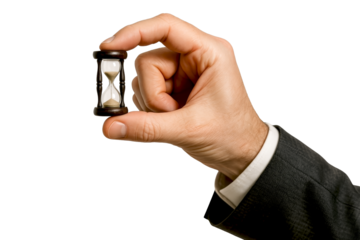 Hand holding tiny hourglass — isolated on transparent background