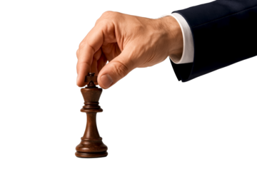 Business hand making a strategic move with a wooden chess king — transparent background