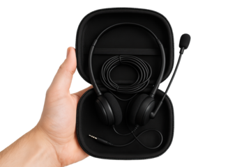 Hand holding open case with wired stereo headset and boom mic — isolated on transparent background