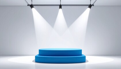 Minimalist three‑tier circular blue platform under ceiling spotlights in a white room, designed for modern product display and exhibition.