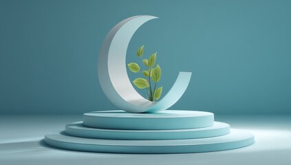 A minimalist, light teal and white display podium, featuring a crescent moon shape, with a small plant inside, perfect for product presentation.