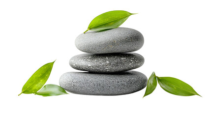 Obraz premium Stacked Stones with Green Leaves A Serene Balance of Nature's Elements for Wellness and Tranquility