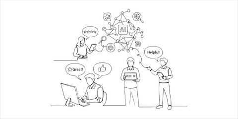 Characters use artificial intelligence to give review continuous single line art drawing sketch on white background