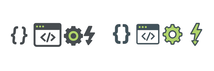Design elements featuring coding symbols and icons representing technology and development