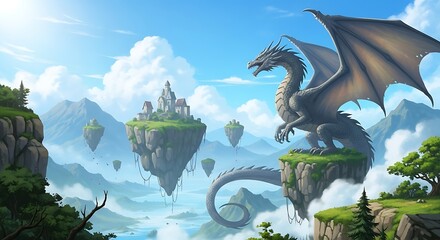 Dragon on Floating Islands Fantasy Landscape.