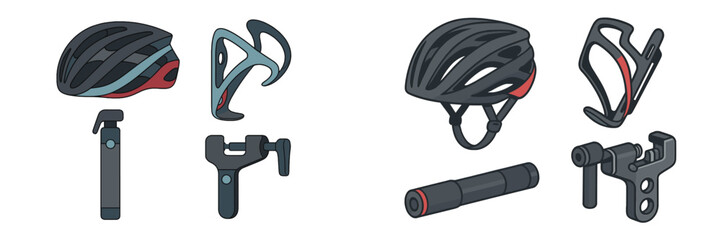 Bicycle accessories including helmet, water bottle holder, pump, and multi-tool set on a white background for cycling enthusiasts