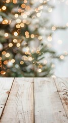 Softly Blurred Christmas Tree Lights with Rustic Wooden Table Surface Ideal for Holiday Themes and Festive Decor