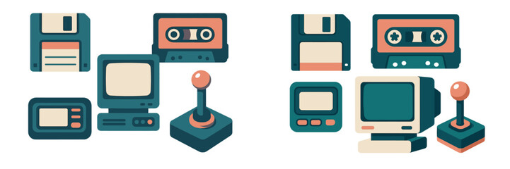 Retro technology collection featuring floppy disks, cassette tapes, and vintage computing devices in a playful design