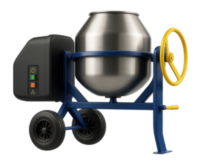 Electric mobile concrete mixer with a noise-reduction enclosure and rubber wheels for urban construction zones.