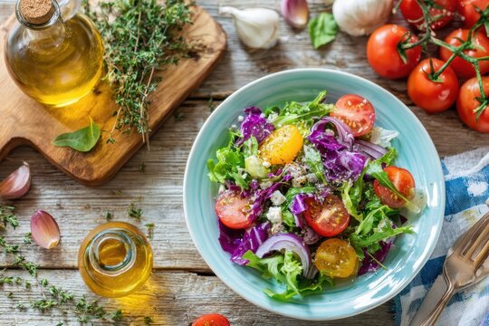 Fresh Garden Salad with Colorful Vegetables, Olive Oil, and Herbs on Rustic Wooden Table Surrounded by Ingredients for Healthy Eating and Cooking Inspiration