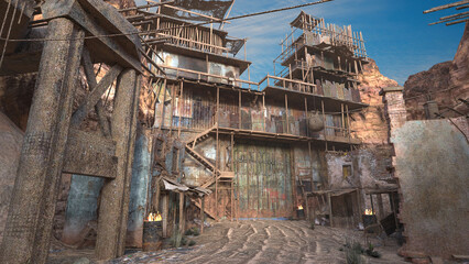 Fantasy post apocalyptic wasteland compound entrance. 3D render.
