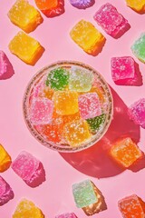 Colorful gummy candies on pink background. Sweet and playful dessert scene.