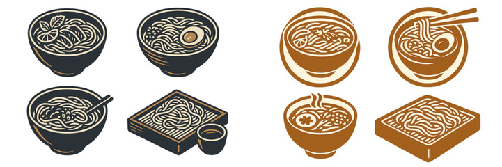 Variety of delicious Japanese ramen noodle soup dishes presented in stylized bowls with fresh ingredients and chopsticks