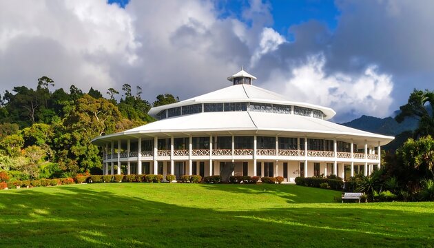 Wide shot of a large, round, white building with a dome roof, situated in a lush tropical garden
