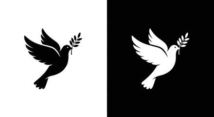 Obraz premium Two doves, one black and one white, each carrying an olive branch, symbolizing peace and hope.