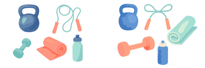 Collection of essential fitness and workout equipment including kettlebells, dumbbells, jump ropes, and yoga mats