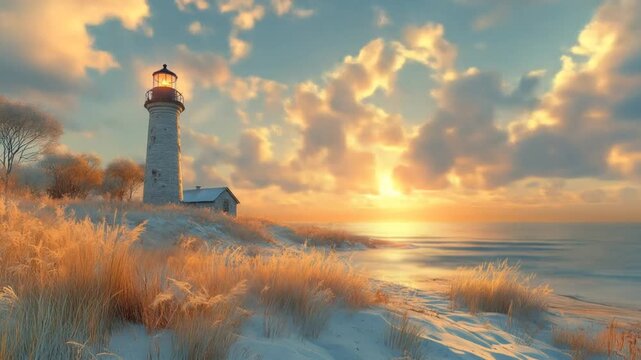 Lighthouse sunrise winter scene