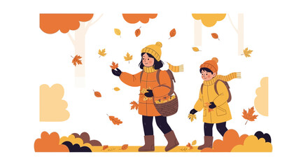 Autumn Walk, Children Collecting Fall Leaves, Happy Togetherness, Outdoor Adventure