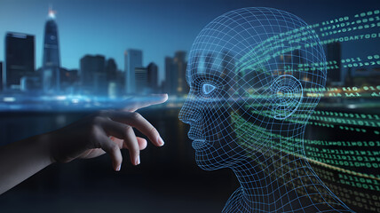 Businessman touching digital human head with binary code in city background