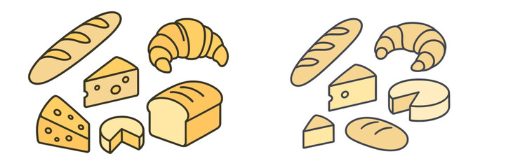 Delicious baked goods and fresh cheese products, including bread, croissants, and various cheeses, arranged for a delightful breakfast or snack spread