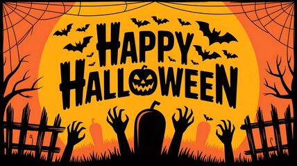 Spooky Happy Halloween greeting with bats flying over tombstones and creepy zombie hands emerging in the moonlight, perfect for seasonal decorations and holiday promotions