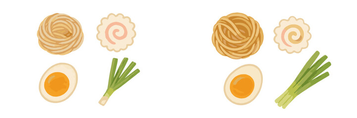 Colorful illustration of ramen ingredients including noodles, eggs, and green onions on a white background