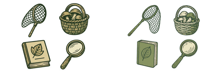 Exploring nature's bounty with baskets, nets, and guides for foraging mushrooms and leaves in the forest