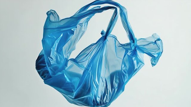 A blue plastic bag suspended from a string, often used as a trash bag or packaging material