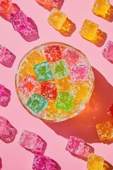 Colorful gummy candies on pink background. Sweet and playful dessert scene.