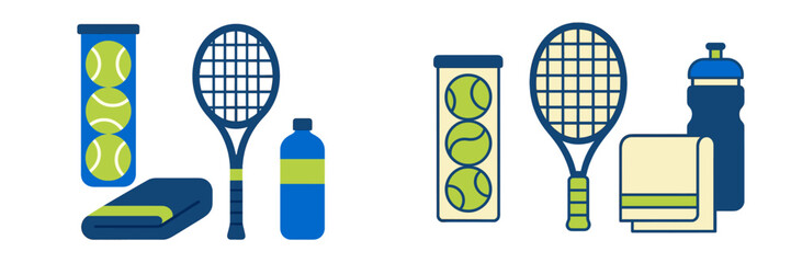 Equipment for playing tennis with balls, racket, water bottle, and towel arranged on a simple background