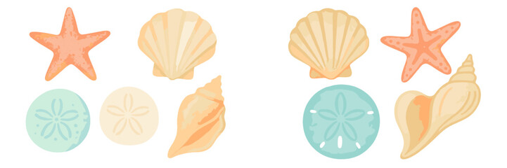 Watercolor style collection of various seashells, starfish, and sand dollars on a clean white background © Mark