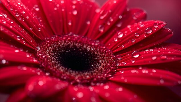 Close-up of a vibrant red gerbera daisy covered in dew drops
 - Powered by Adobe