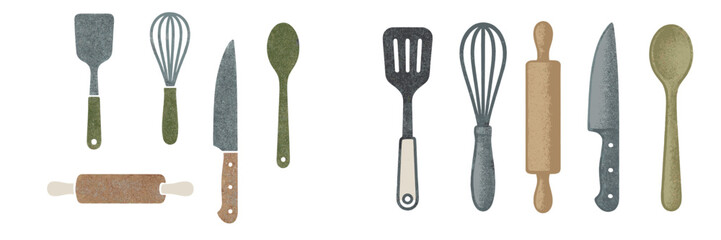 Essential kitchen tools and cooking utensils set with spatulas, whisks, knives, spoons, and a rolling pin for culinary tasks