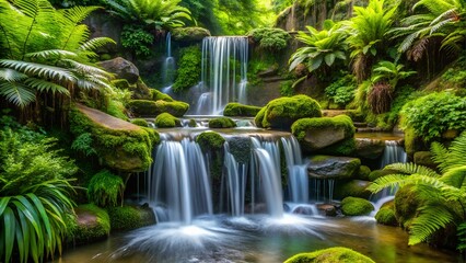 Fototapeta premium Lush green waterfall cascading over mossy rocks