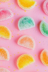 Colorful gummy candies on pink background. Sweet and playful dessert scene.