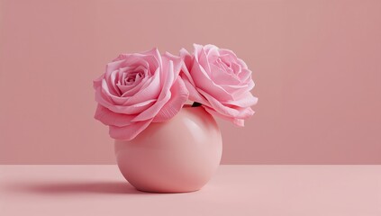 Delicate Pink Roses in a Smooth Round Vase Against a Soft Pink Background
