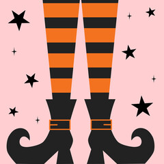 cute hand drawn funny halloween holiday vector card illustration with witch legs with orange and black striped socks and boots on pink background with stars