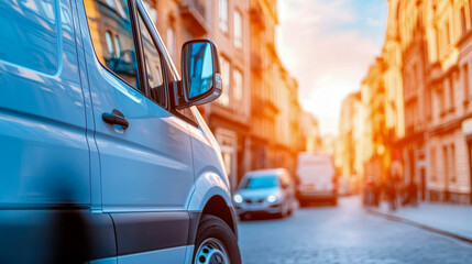 Modern white delivery van on bustling European city street at golden hour, with historic buildings glowing in warm sunset light and blurred traffic.