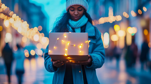 Young woman in warm winter attire carries glowing gift box wrapped with string lights on festive, bokeh-filled urban street at night - Powered by Adobe