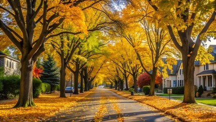 Treelined suburban street with golden autumn foliage