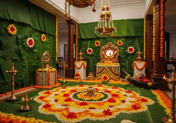 Intricate floral arrangement and traditional decor on banana leaves brass oil lamps and wooden pillars