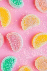 Colorful gummy candies on pink background. Sweet and playful dessert scene.