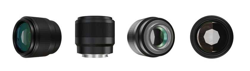 Camera 50mm Lenses Collection Showcasing Various Designs and Shapes in Black With Reflective Glass...