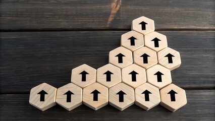 Hexagonal Tiles with Upward Arrows in Triangular Pattern – Growth and Progress Concept, Directional Momentum, Geometric Symmetry Illustration