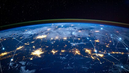 Global Connection: A breathtaking view of Earth from space, with shimmering city lights illuminating the night side. Overlayed are elegant, interconnected lines that represent communication networks.