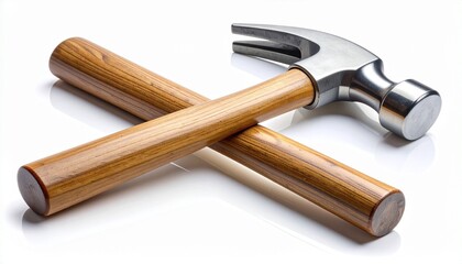 Hammer's Craft: Close-up of two crossed claw hammers on a pristine, reflective surface, showcasing the tools' craftsmanship and utility in a sharp, clean image.