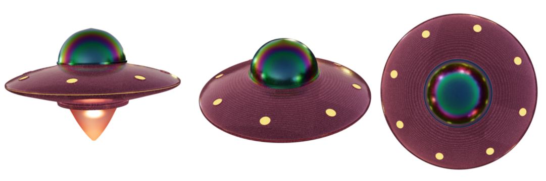UFO Model With Shiny Green Dome and Purple Metallic Surface Against Plain Background