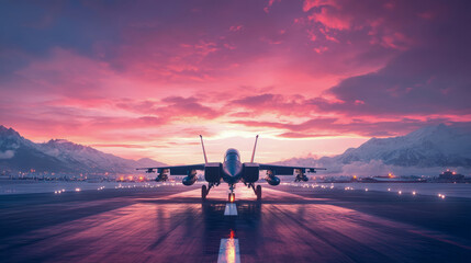 Powerful military fighter jet poised on snowy runway at dusk, with majestic snow-capped mountains and glowing city under breathtaking pink and purple sunset sky