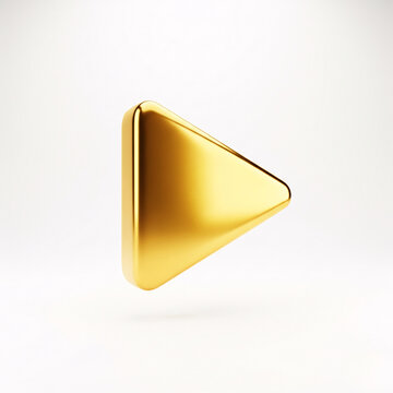 A stylized golden play button with a polished surface,
